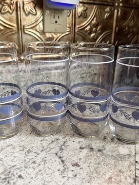 Libbey Clear Glass Tumblers with Blue Heart Band Design